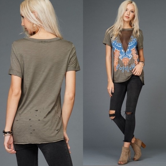 Mesh Panel Graphic Tee Olive - Picture 1 of 8